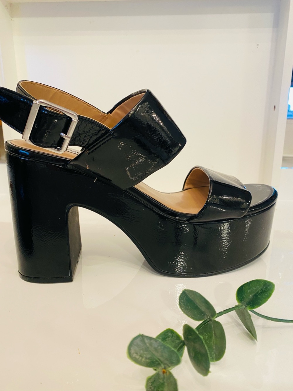Y2K Black Patent Platform Sandals Chunky Heels 70s Disco Goth Halloween Costume
